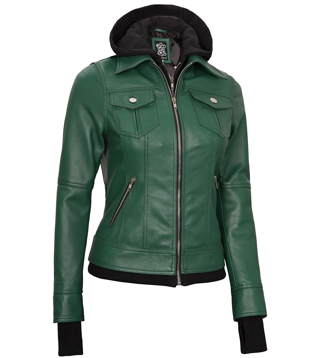 Tralee Women's Green Real Leather Jacket with Hood and Thumbholes