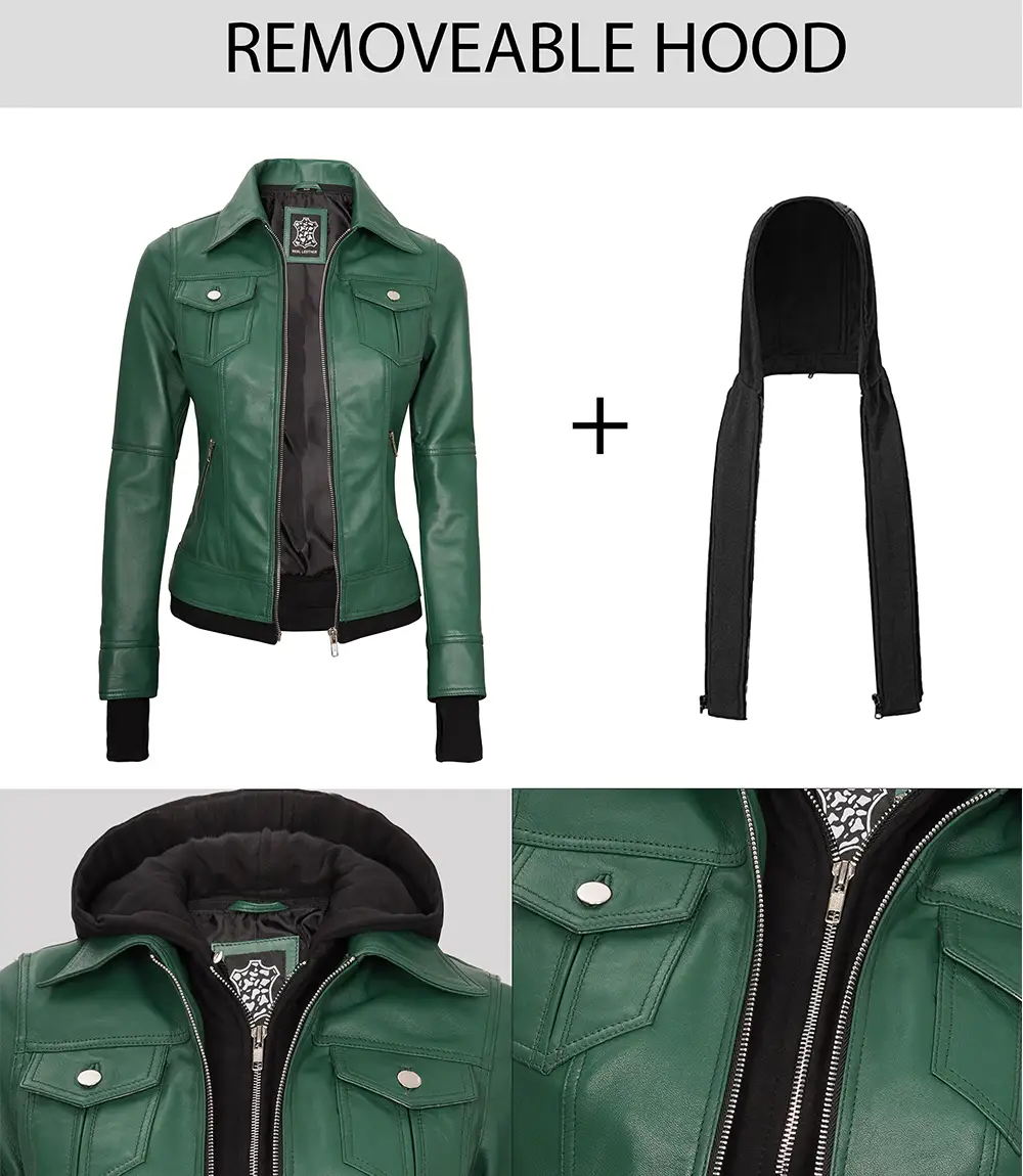 Tralee Women's Green Real Leather Jacket with Hood and Thumbholes