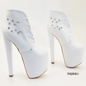 White Lace Up Ankle High Heel Platform Booties