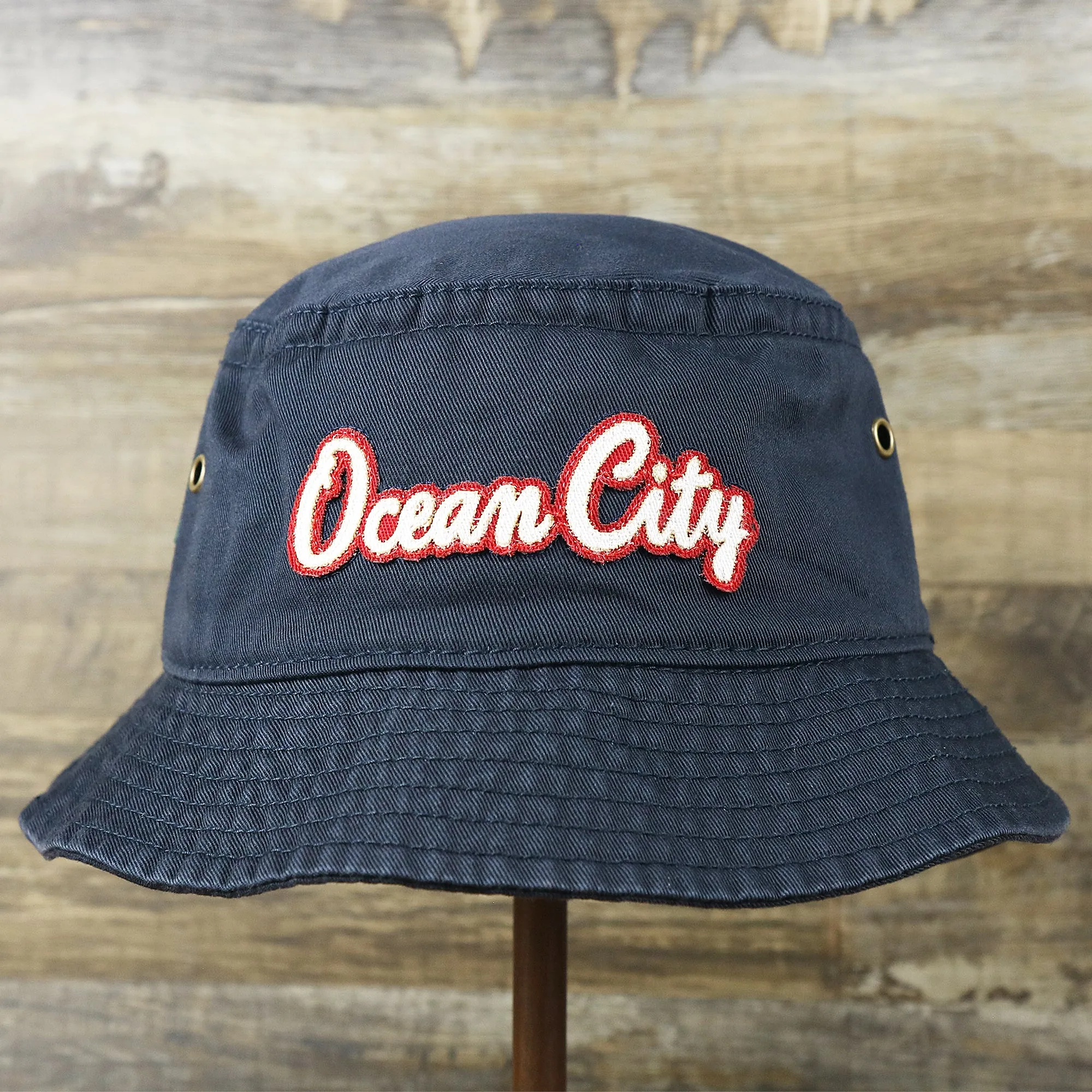 White OCNJ Double Wordmark Red Outline Bucket Hat for Sale | Navy Bucket Hat on Sale in OCNJ