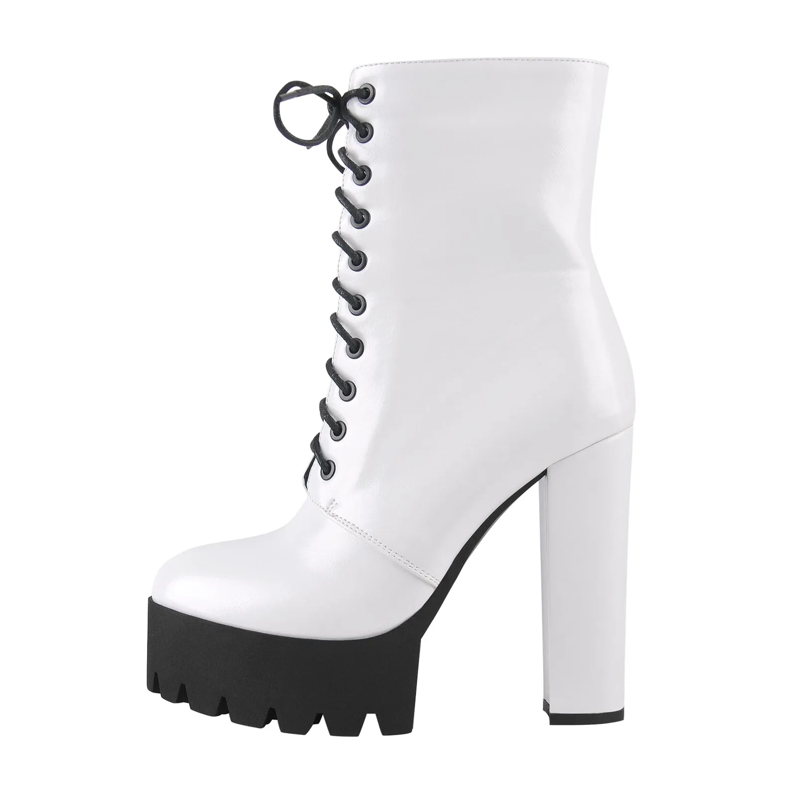 White platform chunky heel zipper boots