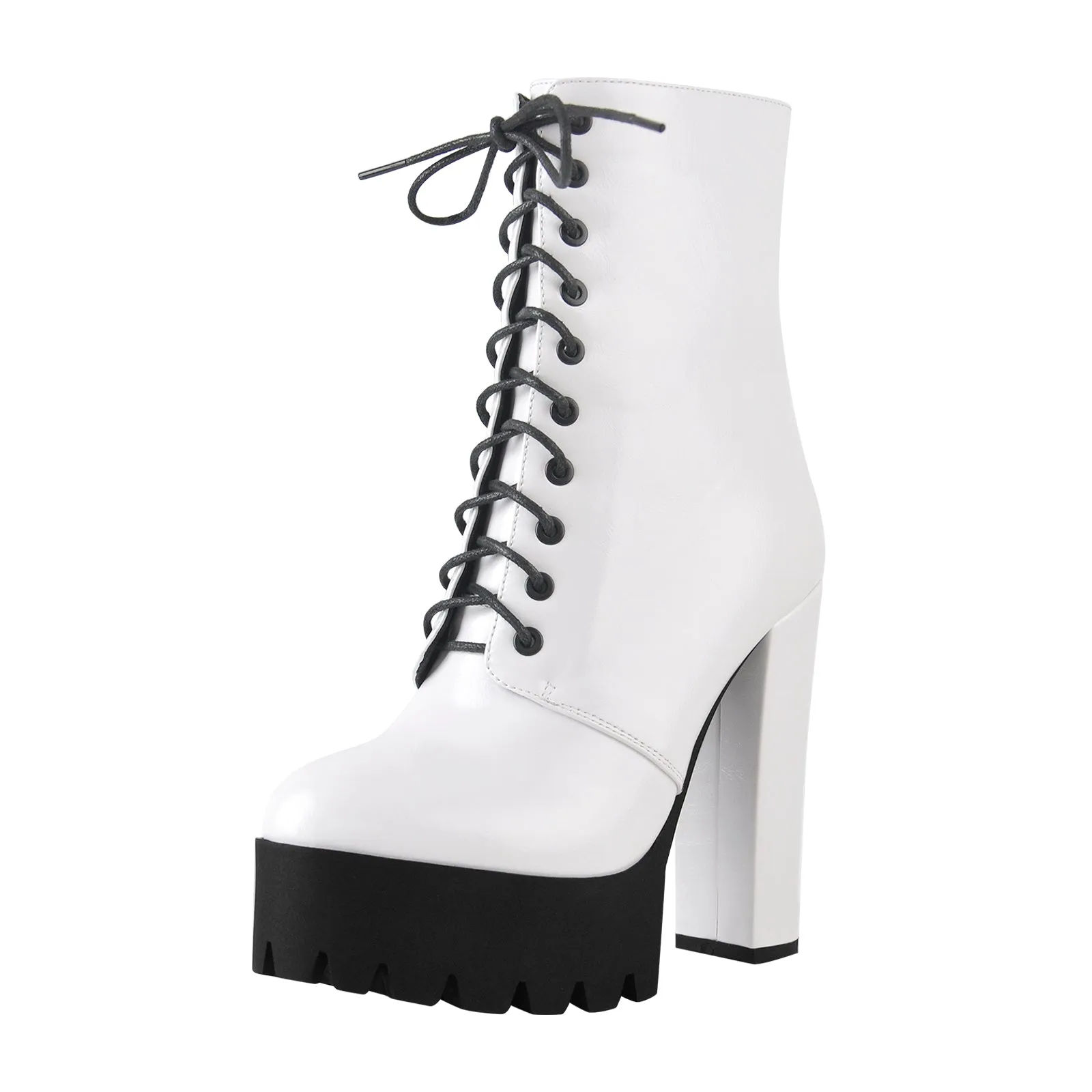 White platform chunky heel zipper boots