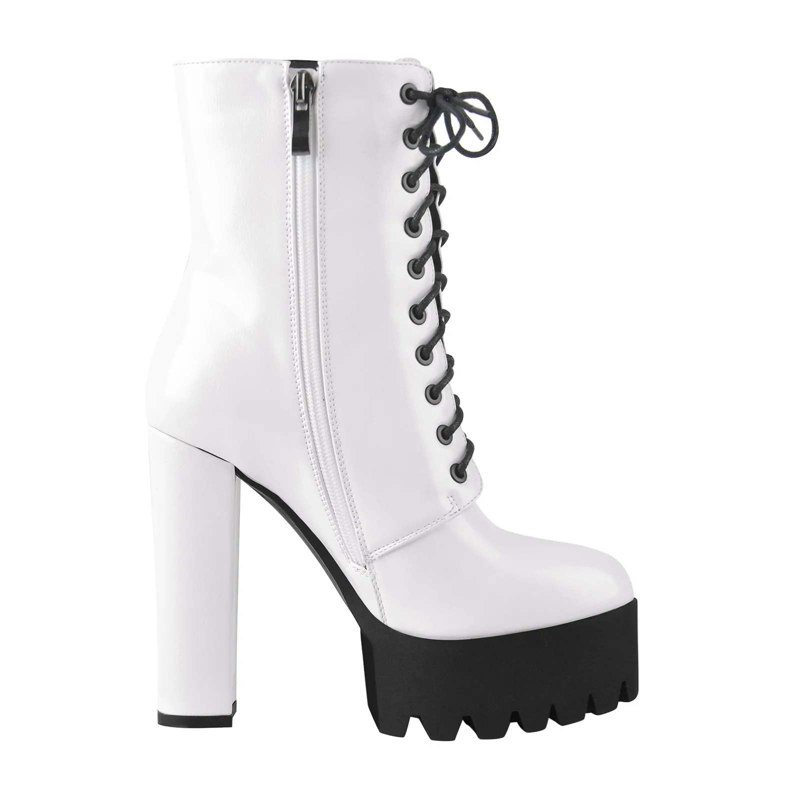 White platform chunky heel zipper boots