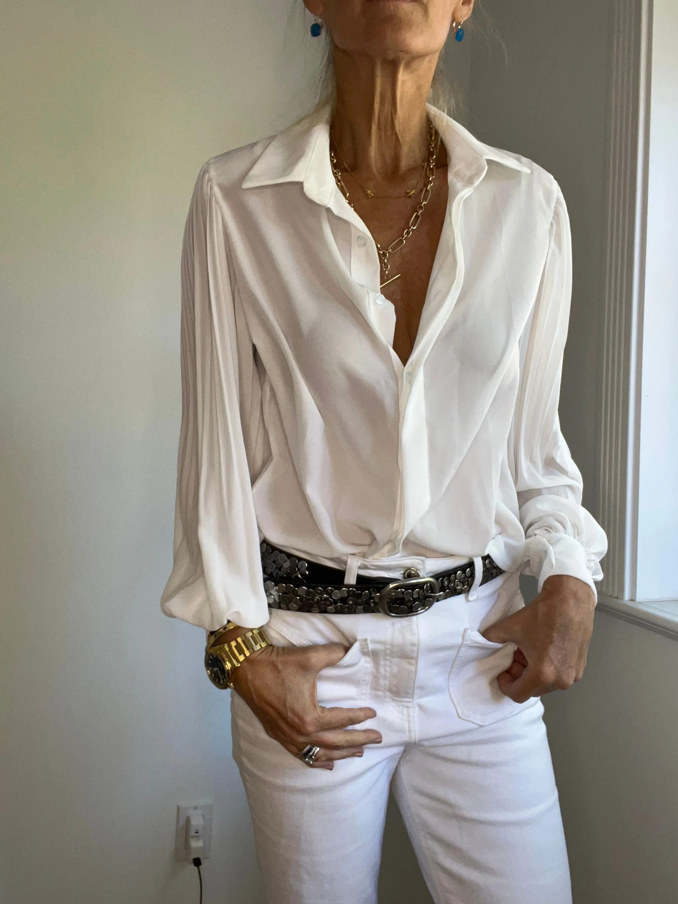 White Pleated Sleeve Blouse for Women