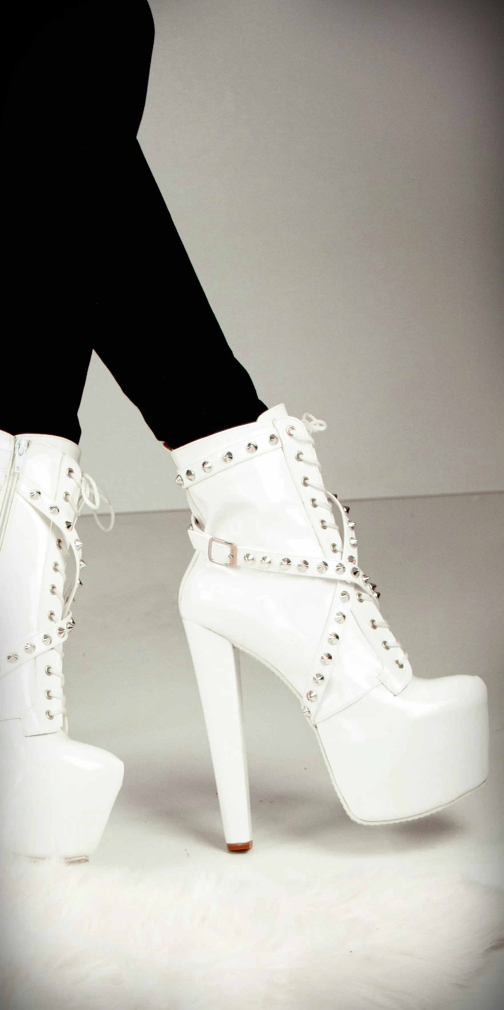 White Spike Studs High Heel Rocker Boots