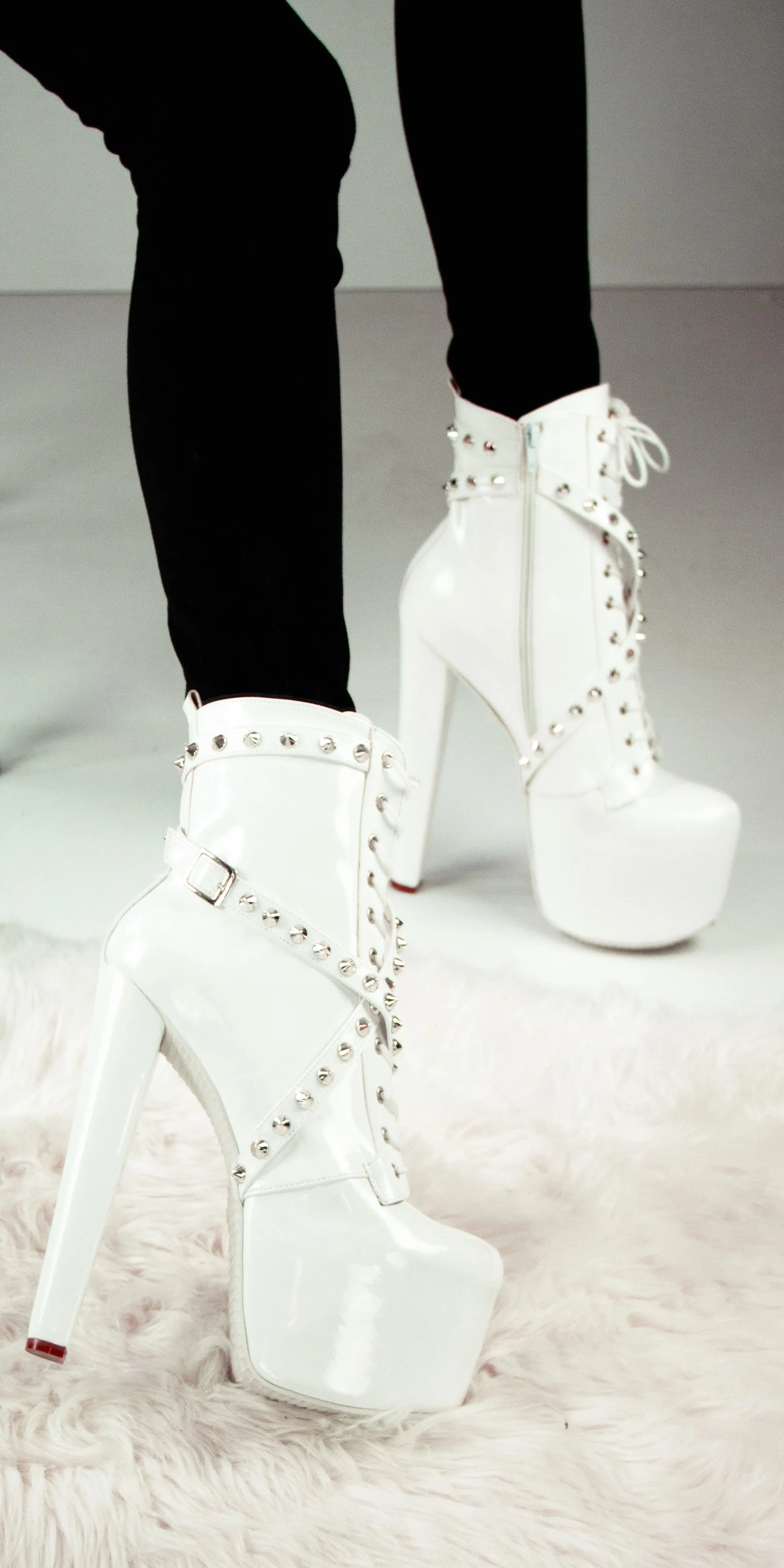 White Spike Studs High Heel Rocker Boots