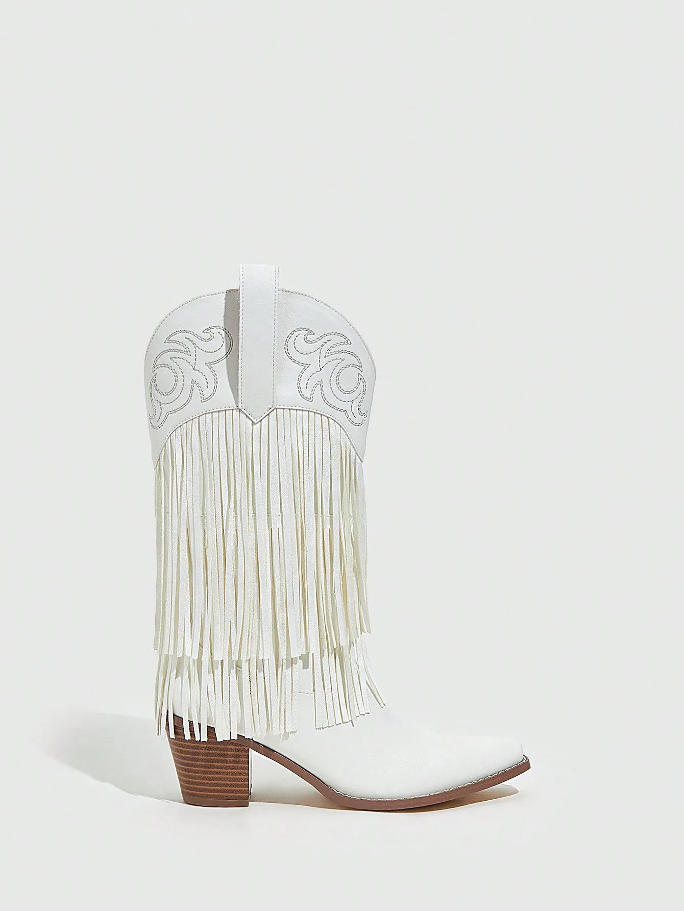 White Western Boots with Embroidery Tassels and Pointed Toe for Women