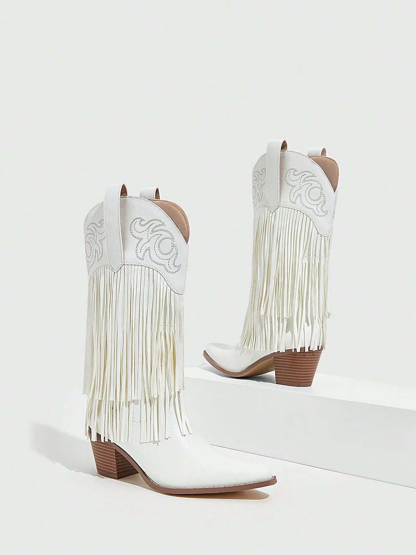 White Western Boots with Embroidery Tassels and Pointed Toe for Women