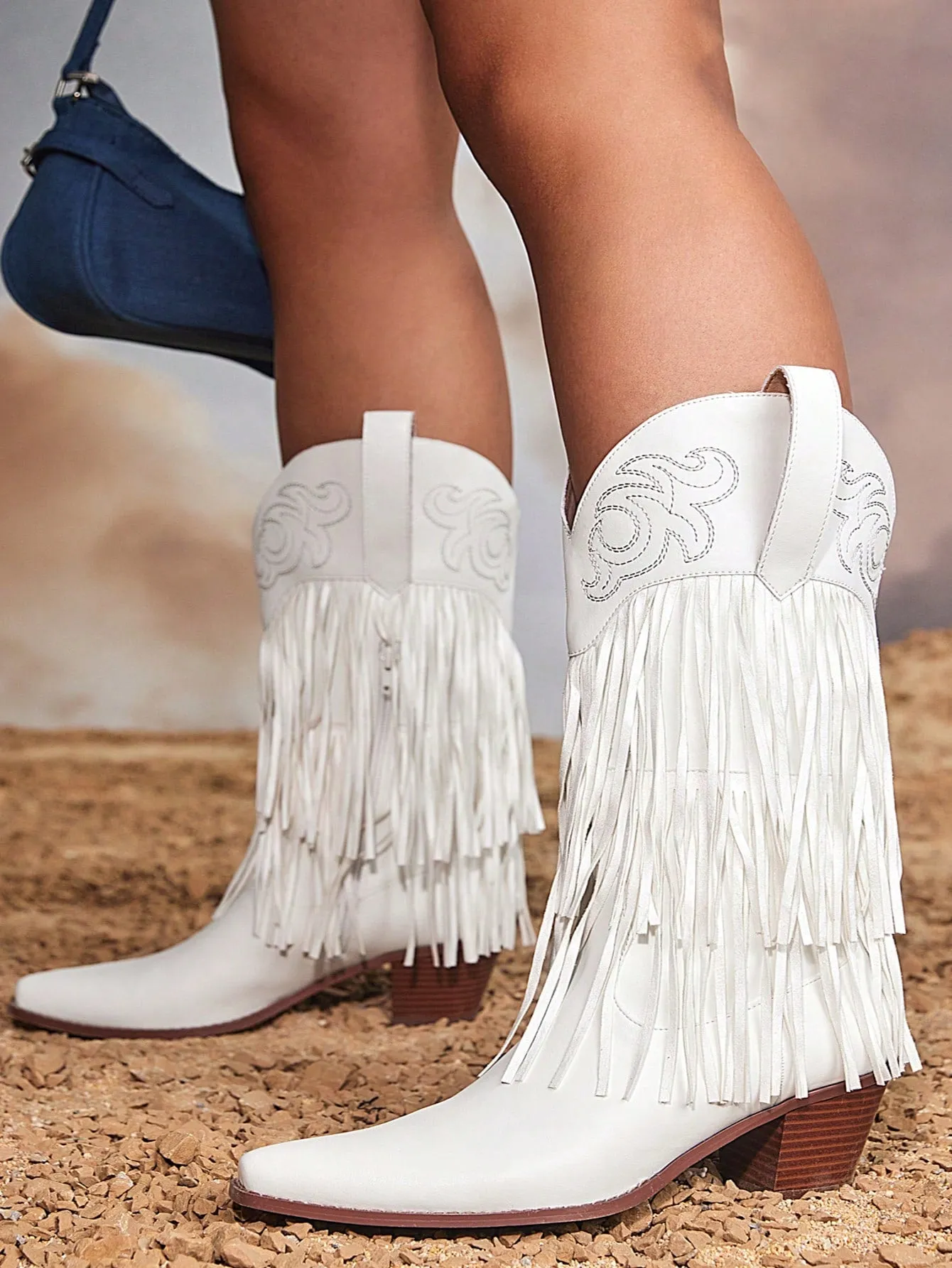 White Western Boots with Embroidery Tassels and Pointed Toe for Women