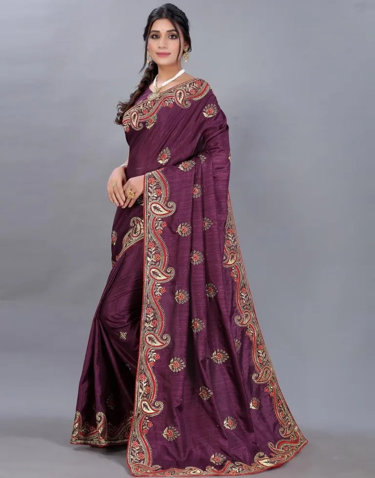 Wine Embroidery Saree