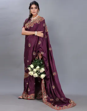 Wine Embroidery Saree