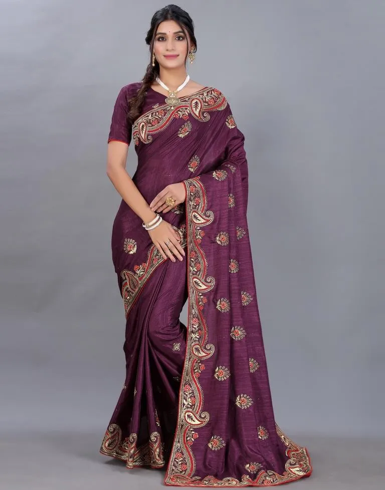 Wine Embroidery Saree