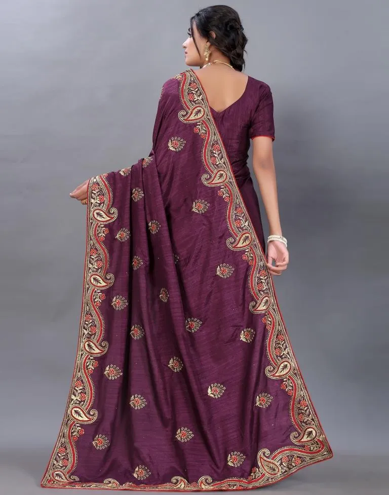 Wine Embroidery Saree