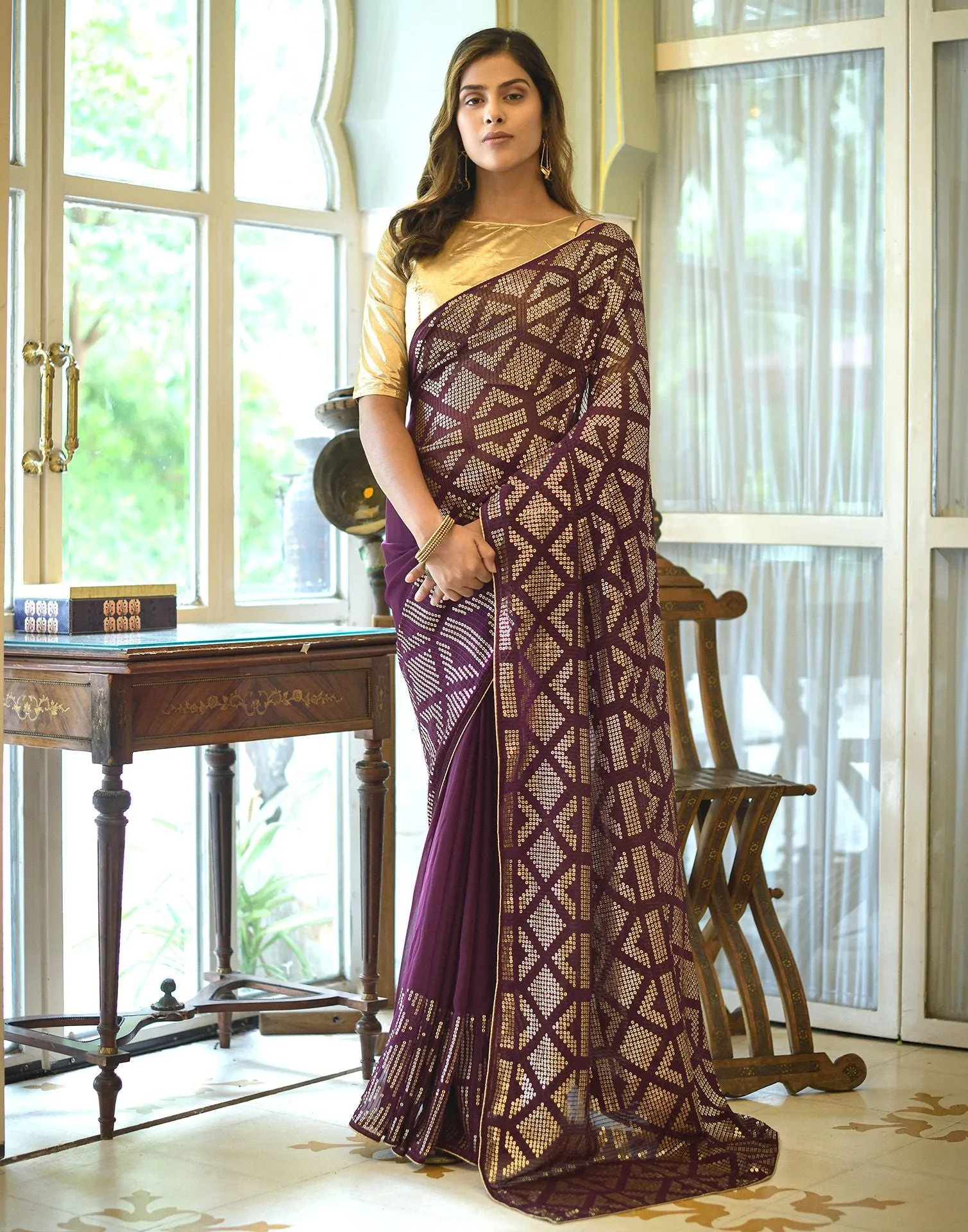 Wine Sequence Saree