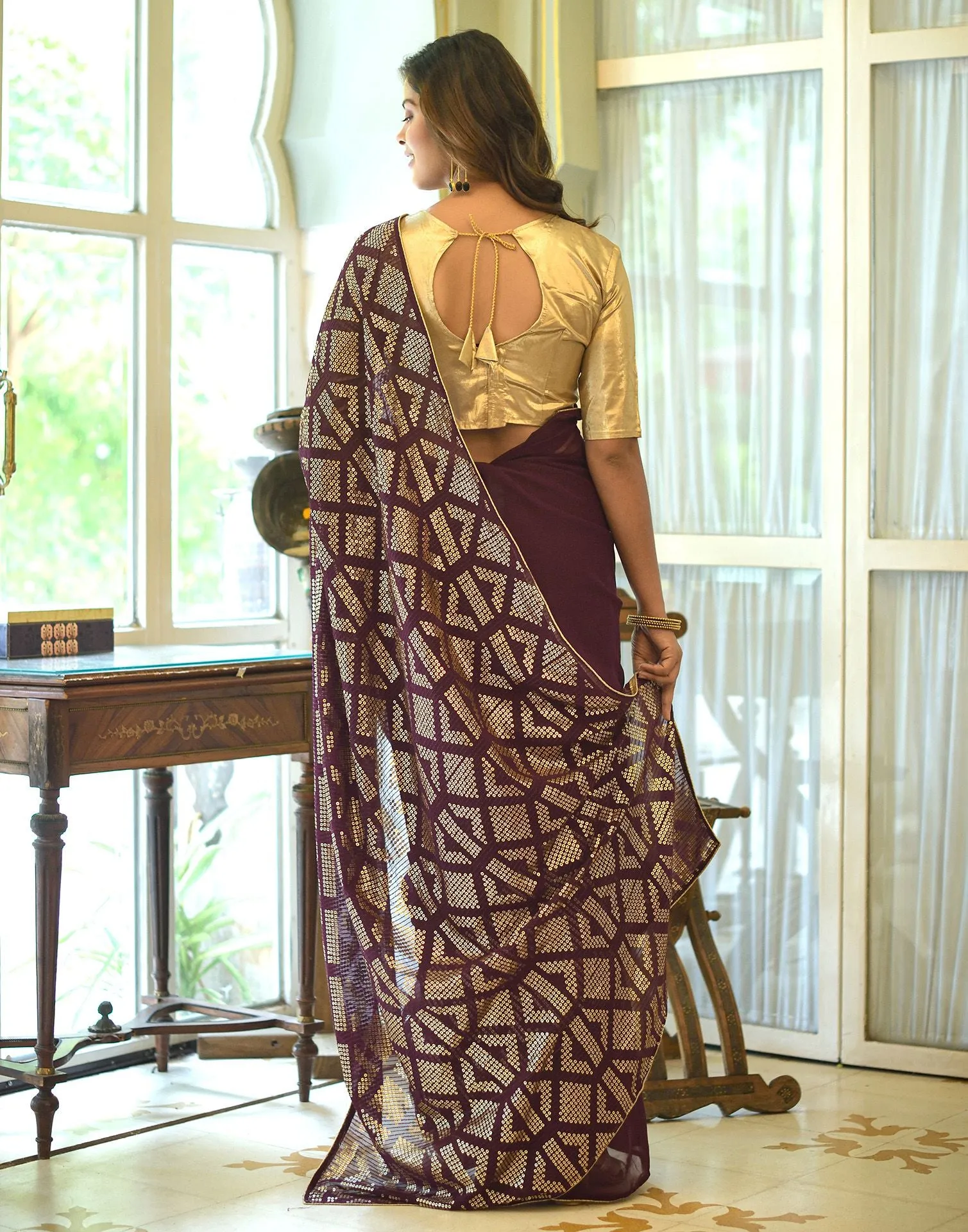 Wine Sequence Saree