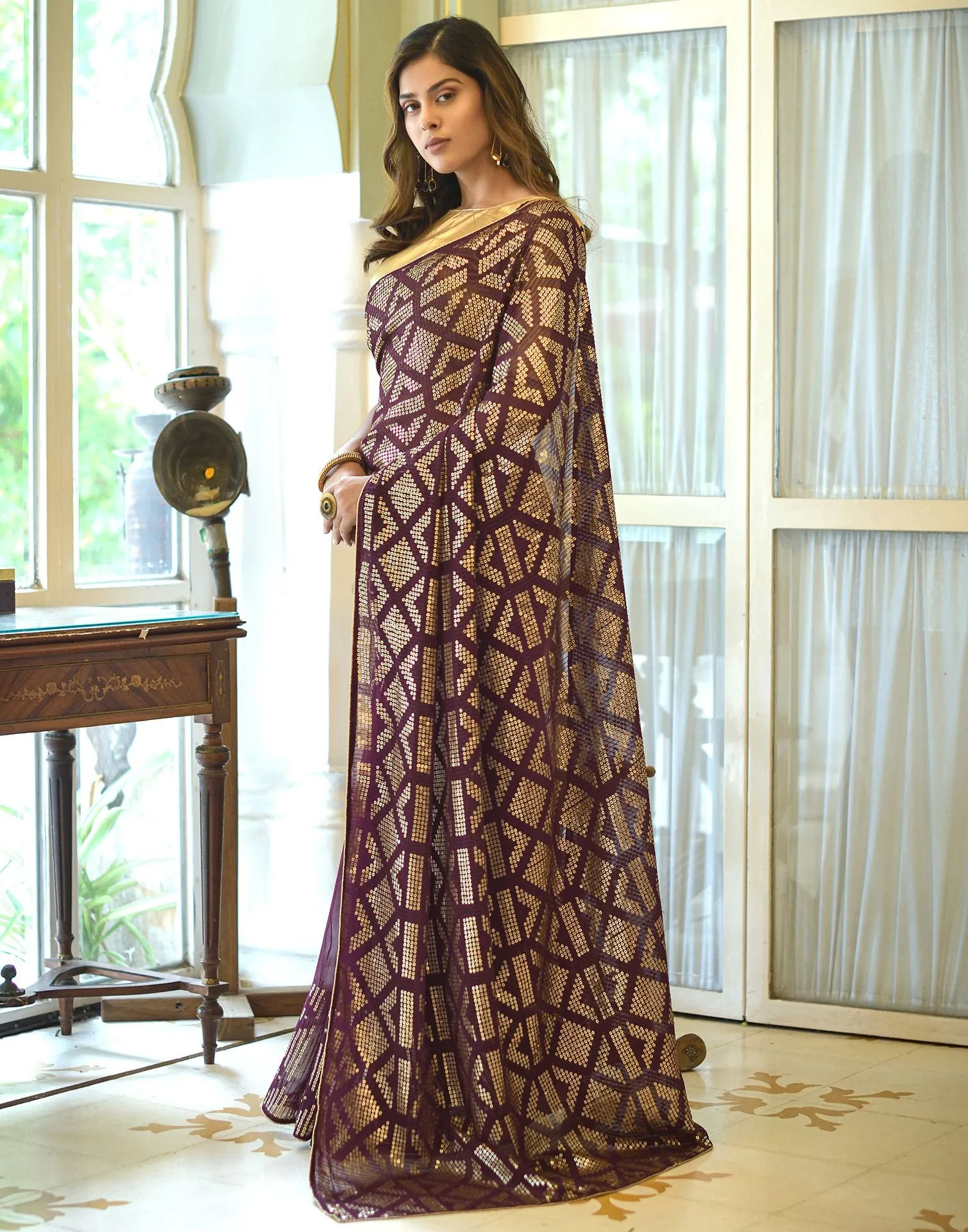 Wine Sequence Saree