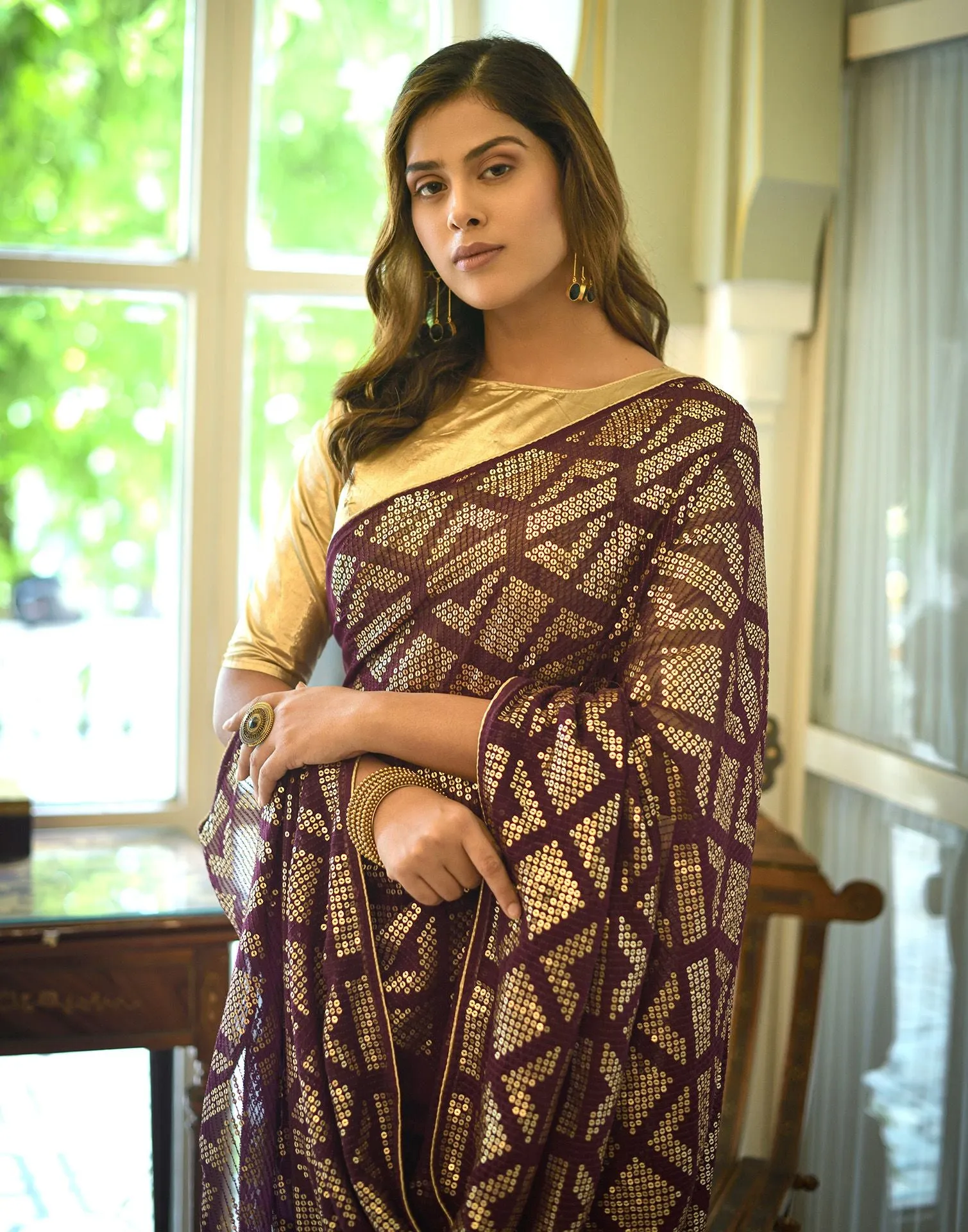 Wine Sequence Saree