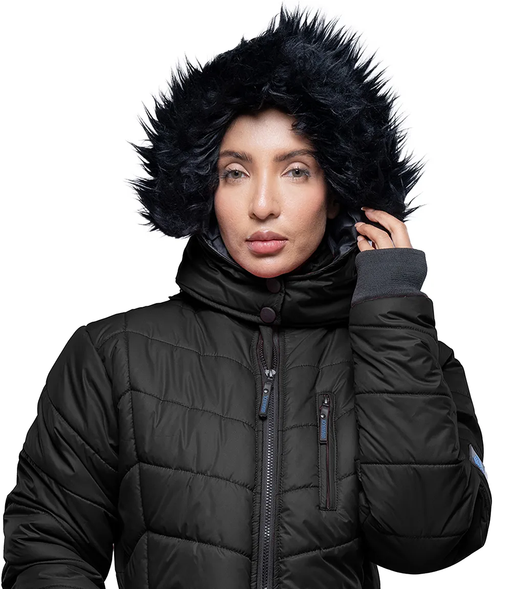 Women's Faux-Fur-Trim Black Hooded Puffer Jacket