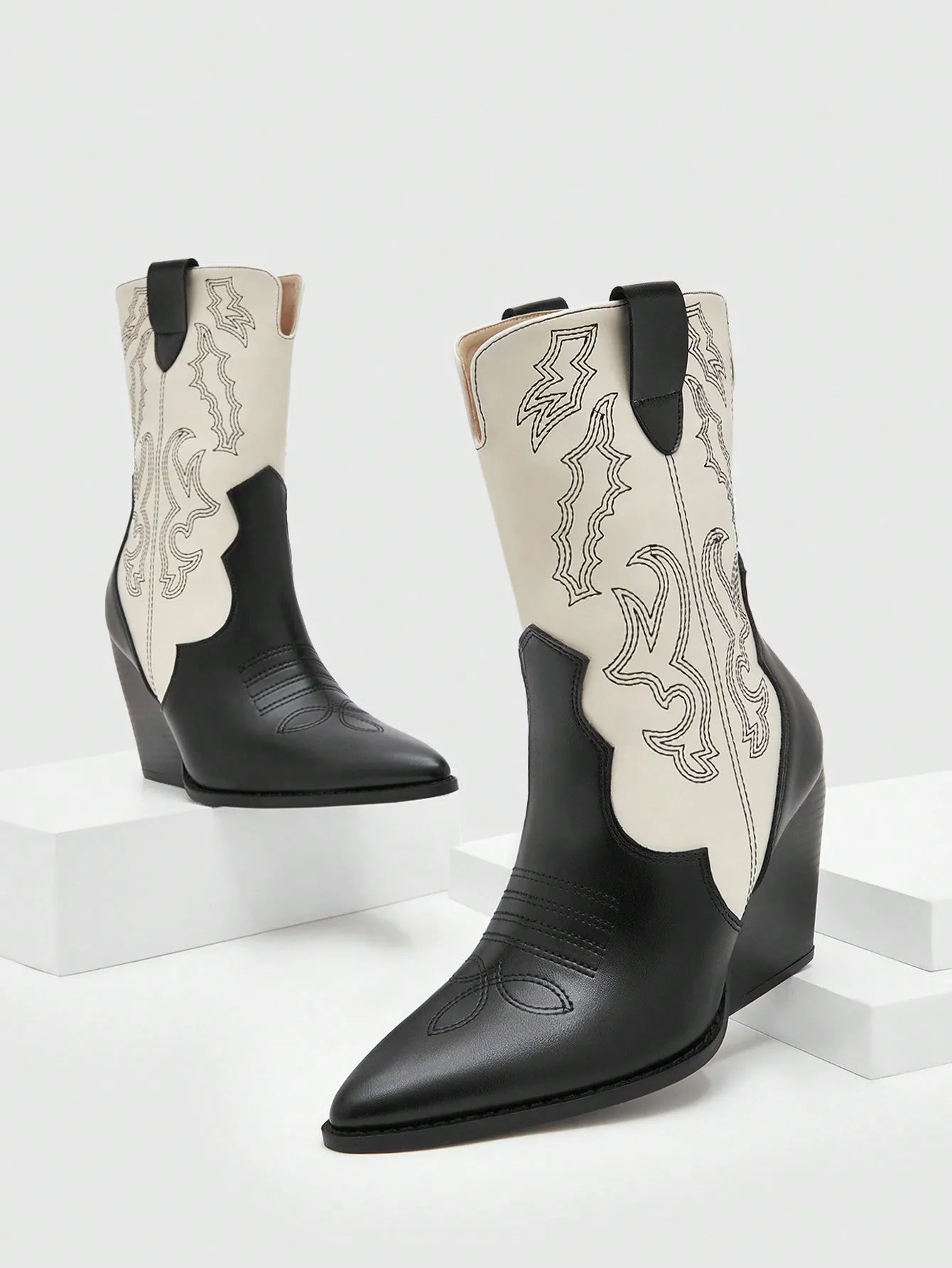 Women's Two-tone Wedge Heel Boots with Contrast Stitching Detail