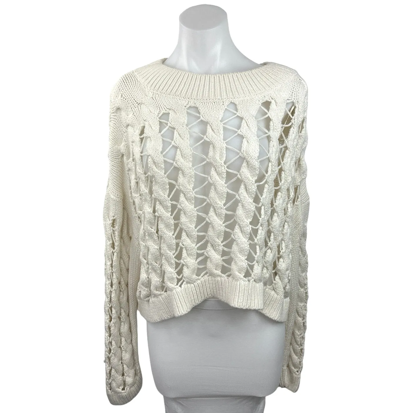 Zara White Open Knit Crochet Boat Neck Long Sleeve Pullover Crop Sweater Size M