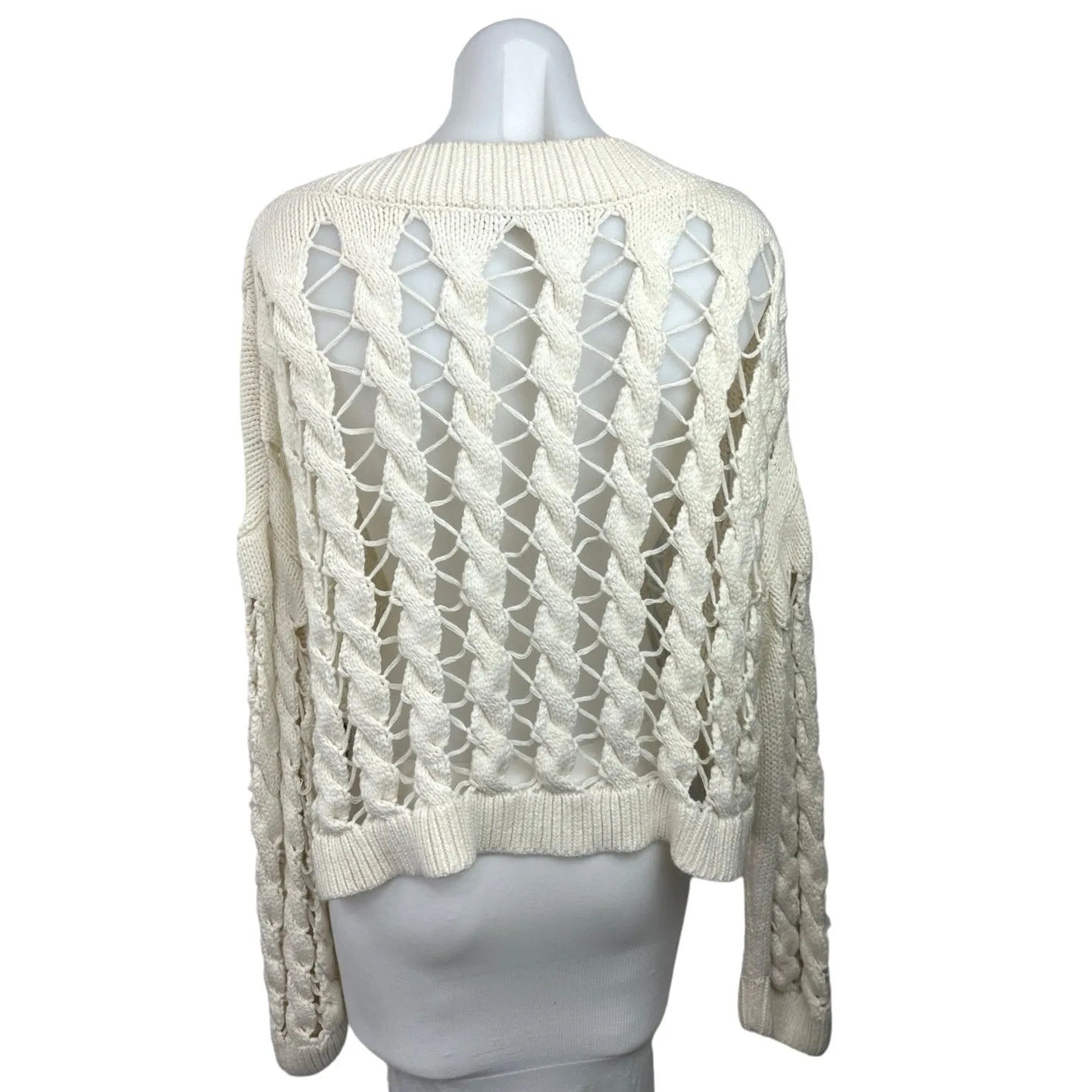 Zara White Open Knit Crochet Boat Neck Long Sleeve Pullover Crop Sweater Size M