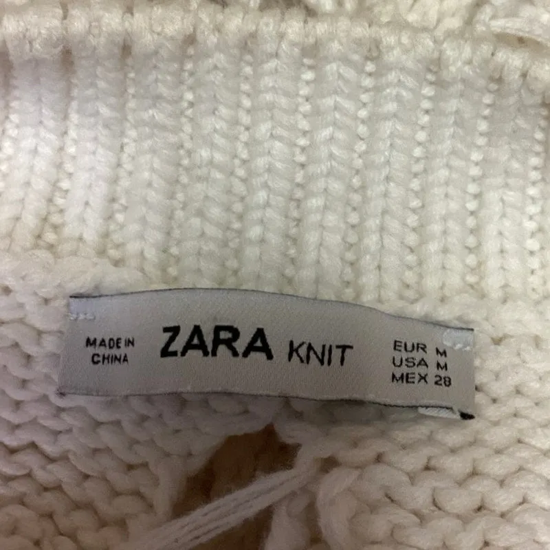 Zara White Open Knit Crochet Boat Neck Long Sleeve Pullover Crop Sweater Size M